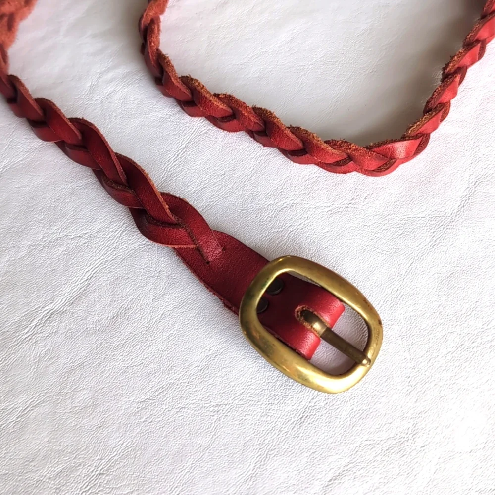 Belt Braided Red Leather with Brass Buckle Small EUC